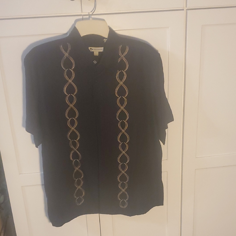 Elegant Vintage Black Button Down Shirt with Embroidered Design